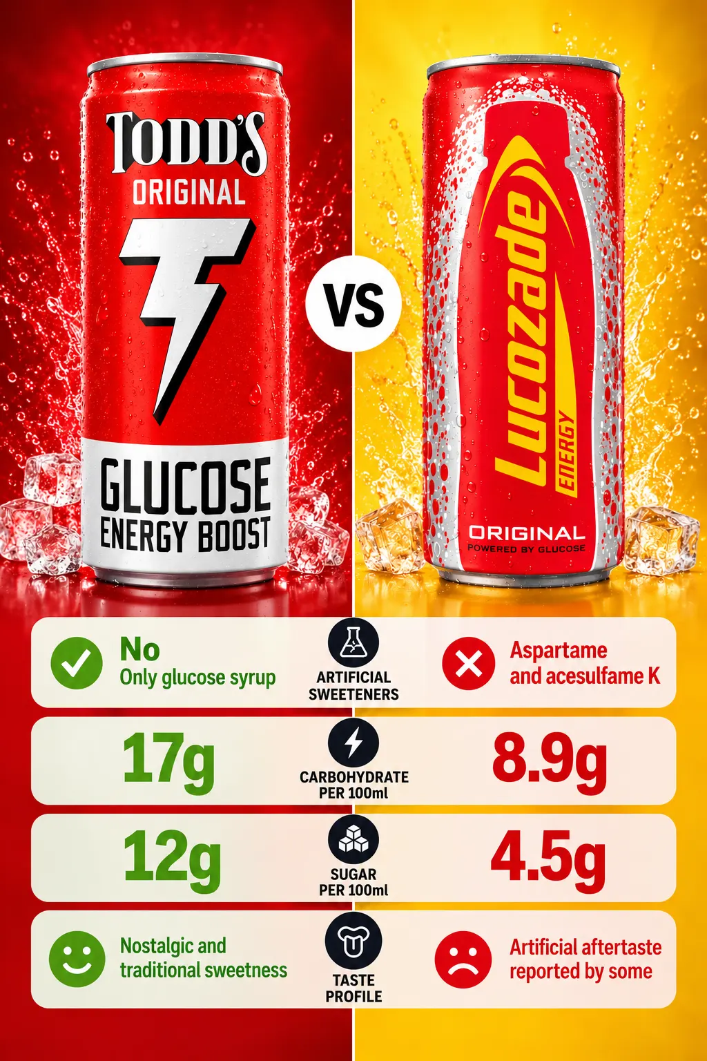 Todd's Original vs Lucozade Original: Todd's has no artificial sweeteners, 17g carbohydrate and 12g sugar per 100ml; Lucozade has aspartame and acesulfame K, 8.9g carbohydrate and 4.5g sugar per 100ml